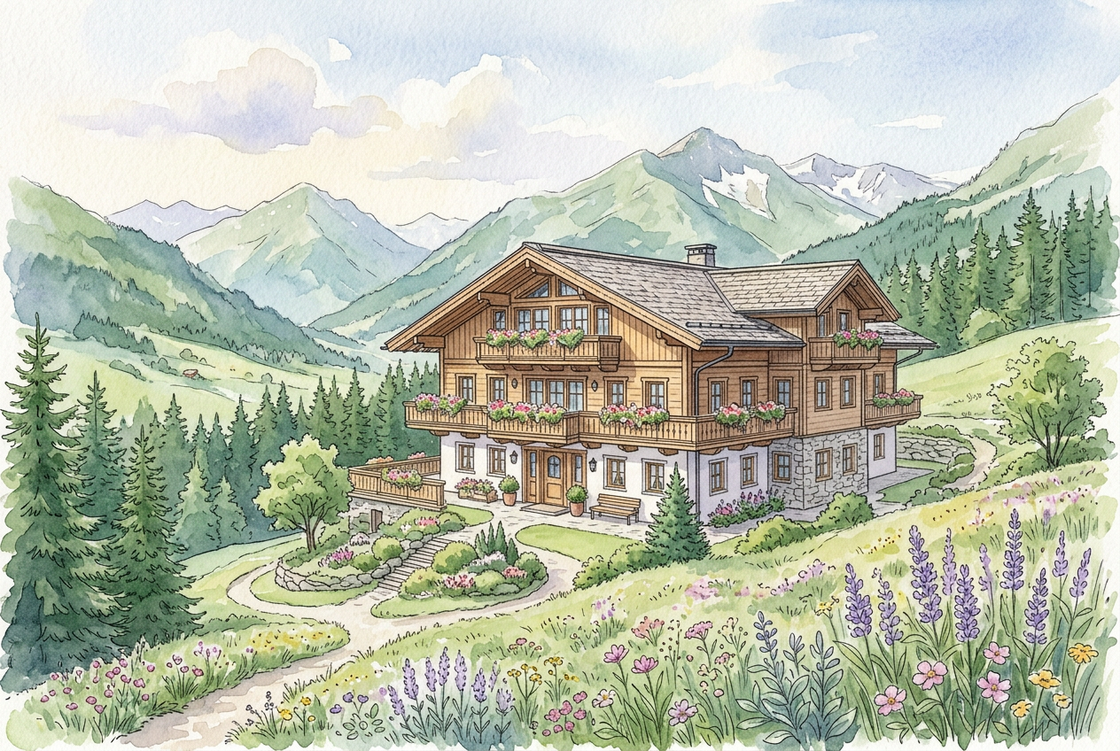 Illustration of the alpine retreat chalet in the Austrian Alps